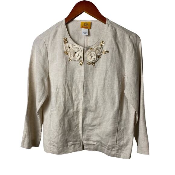 Ruby Rd. Women's Beige Linen Blend Floral Embellished Hook Front Cardigan Size 6 - Picture 1 of 8